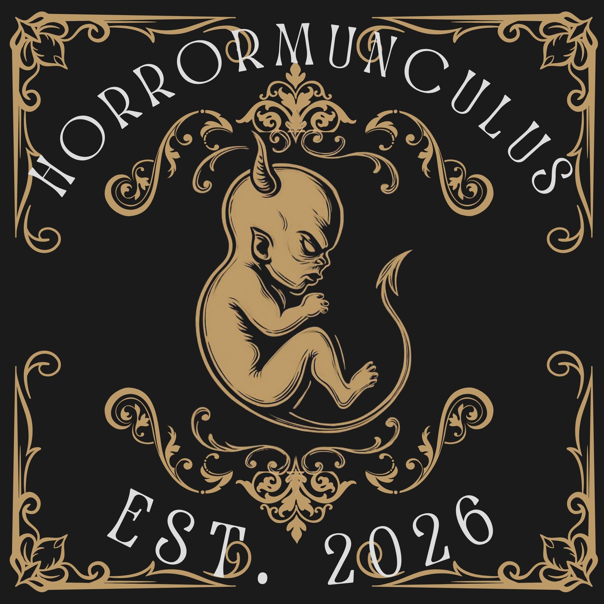Horrormunculus podcast logo with gold ornate border and small horned figure